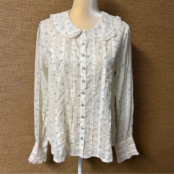 Free People Blouse Women XS Oversized Cream Blue Floral Long Sleeve Button Up - Picture 1 of 12